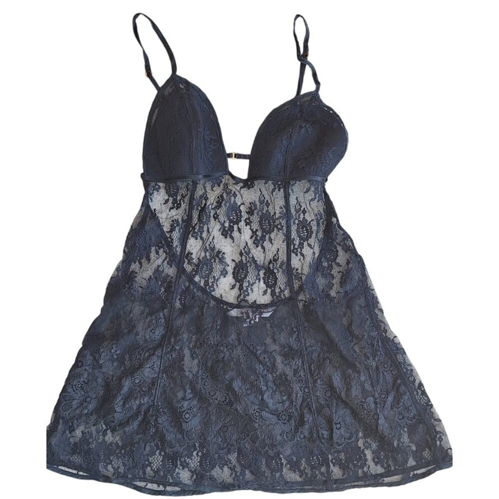 Victoria's Secret Black Lace Open Back Tank Babydoll Size M Coquette Fairy Goth